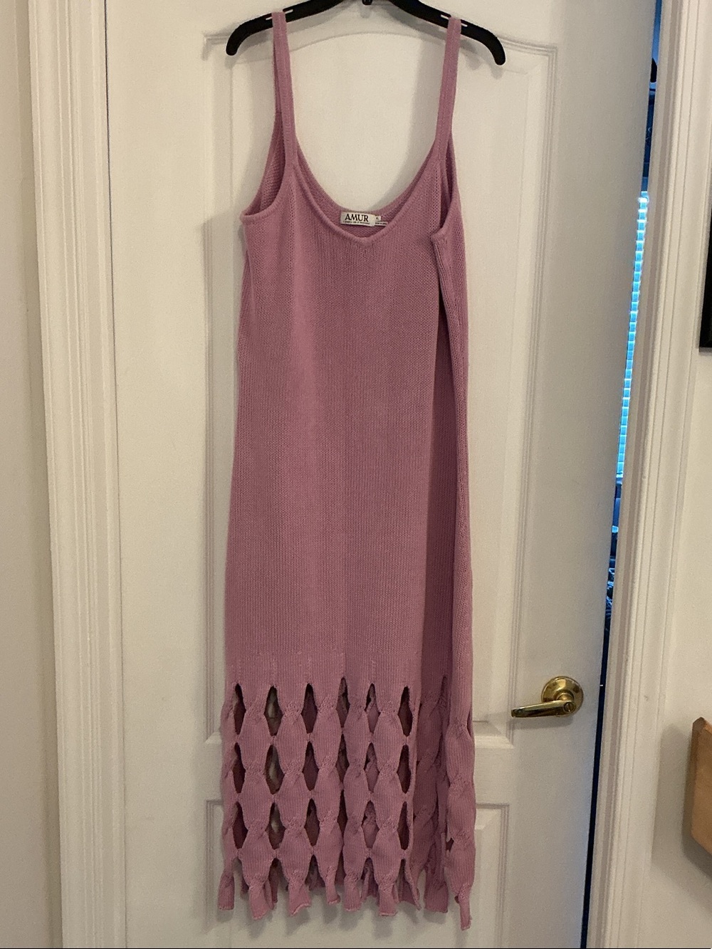 AMUR Lavender Knit Maxi Dress with Cutout Fringe Hem